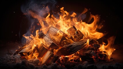 fire in the fireplace, burning wood, blazing campfire, ai generated