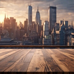 Wooden table top on blur city background - can be used for display or montage your products.
