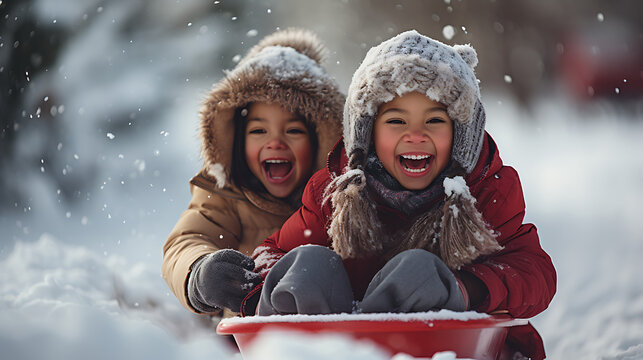 children / Kids playing on a Sled winter vacation, snow. 