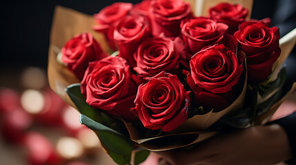 bouquet of Red roses in a hand. Wrapped in wrapping paper. Vibrant and rich lighting. 