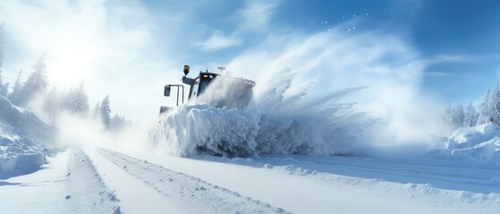 close-up of a snowplow's blade as it pushes through a massive snowdrift on a rural road
