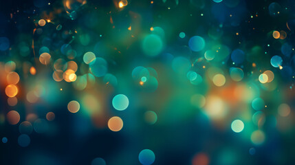 Abstract colorful glowing bokeh on dark green background. Christmas and New Year wallpaper.