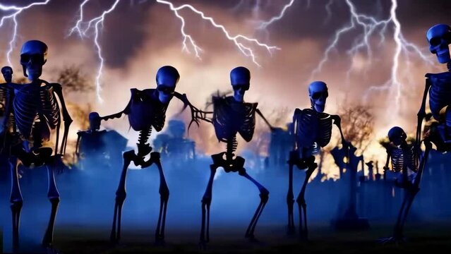 Slow-moving skeletons against a backdrop of lightning bolts, a Halloween illustrated animated spooky short movie.