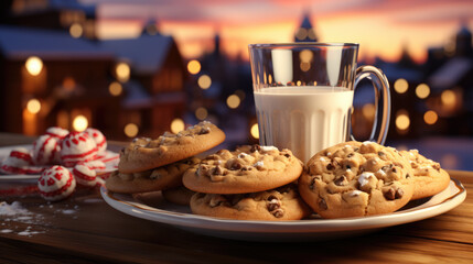 Happy Snack: Stack of milk chocolate cookies and lights for santa claus.
