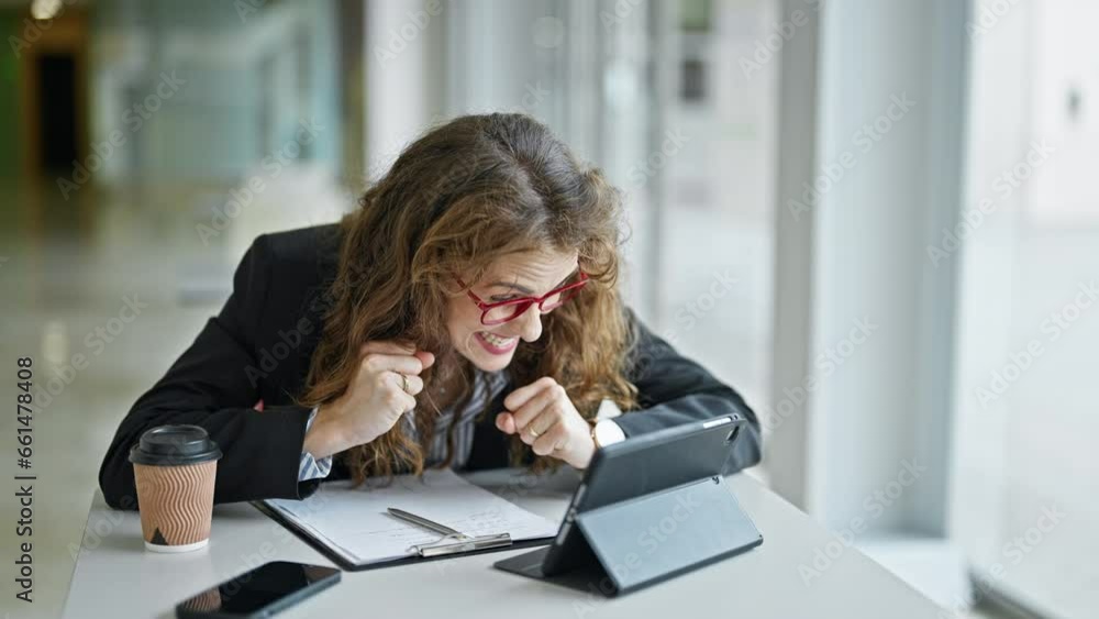 Poster Young woman business worker using touchpad celebrating at the office