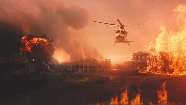 Military helicopter above destroyed city. Huge firestorm, explosions and smoke. War concept video.