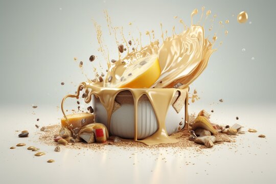 3D-rendered, abstract, creamy splash with food and drink illustrations. Generative AI