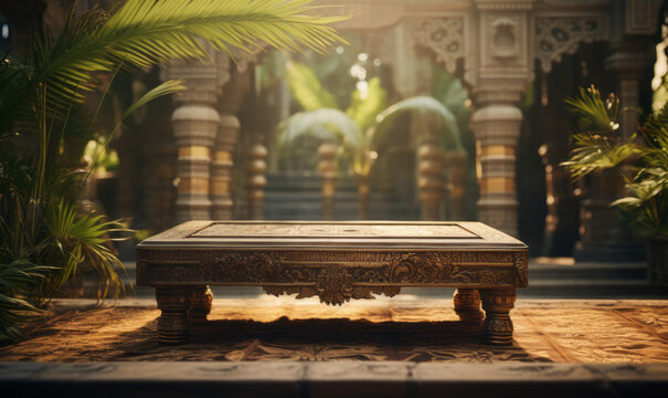 Empty old table in front of ancient knight stone columns and palm trees. Product display podium.
