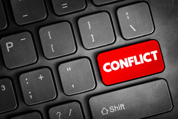 Conflict - struggle and a clash of interest, opinion, or even principles, text concept button on...