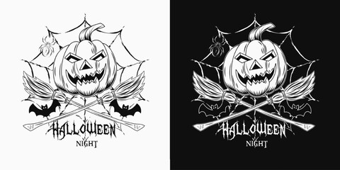 Halloween label with pumpkin head with grinning grimace, criss crossed brooms, bats, grunge silhouette of spider web, text. Black and white illustration in vintage style. Not AI - obrazy, fototapety, plakaty