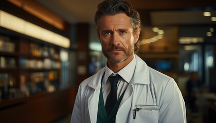 Fototapeta premium doctor in a lab coat. Beautiful young doctor scientist wearing white coat and glasses in modern Medical Science Laboratory