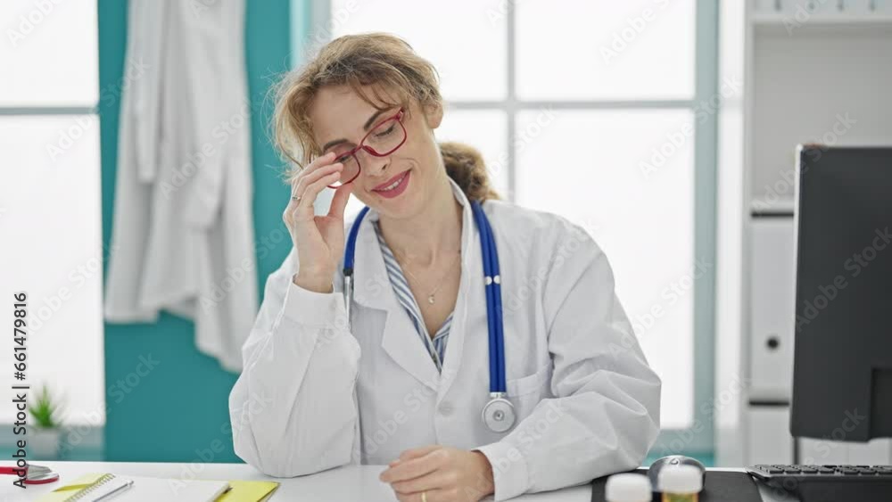 Sticker young woman doctor taking glasses of smiling at the clinic