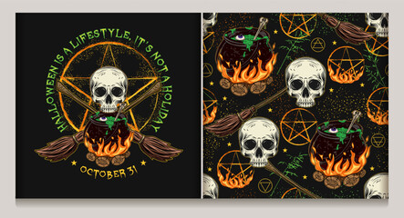 Seamless pattern, label with witch cauldron with green potion, half skull, brooms, burning pentagram sign, wiccan signs, blades of grass, stars Freaky, creepy illustration for Halloween holiday Not AI