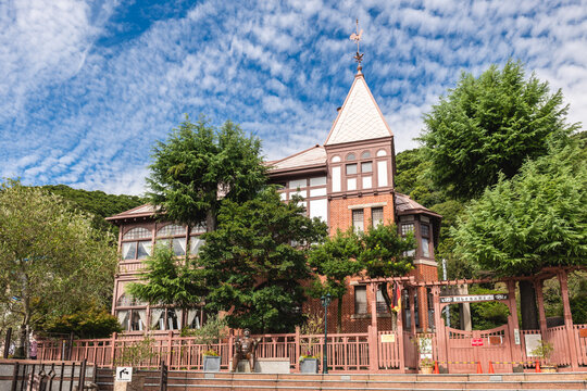 October 9, 2023: Weathercock House, aka Kazamidori no Yakata, the only brick house located in Kitano Ijinkan in Kobe, Japan. It was built in 1909 and formerly used as a residence of a German trader.