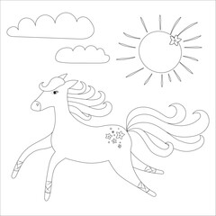 Coloring book for children, ballerina pony in the clouds, cute horse in pointe shoes, unicorn with flowers in its mane