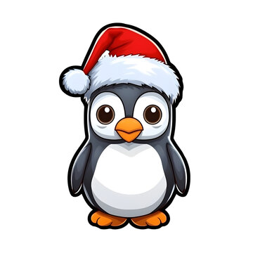 Christmas sticker, A cute penguin wearing a Santa hat on transparent background cutout - Generative AI	