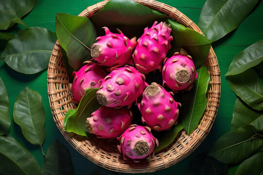 Top view of a cluster of pitaya dragon fruits in a wooden basket on a green leaf background.
