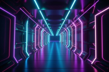 Vibrant room with neon lights and UV abstract background, featuring a corridor with LED rays and lasers. Futuristic 3D rendering. Generative AI
