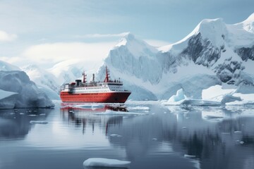 Frozen Antarctica cruise. Snow sea boat. Generate Ai - obrazy, fototapety, plakaty