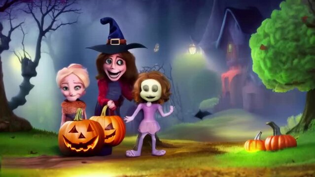 Three witches with pumpkins against the backdrop of a dark house, a Halloween illustrated animated spooky short movie.