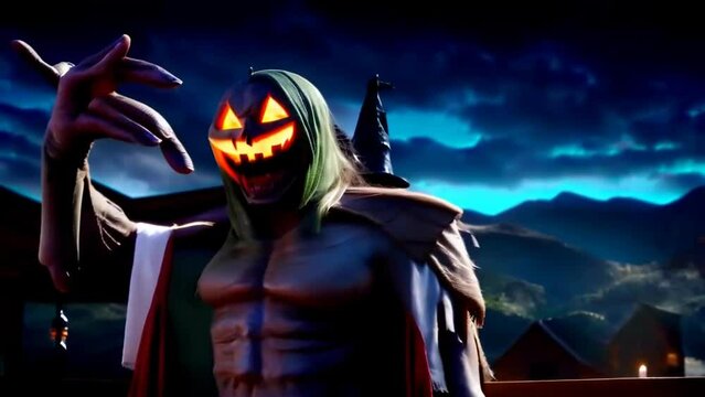 The effect of zooming in on a big Halloween monster with a sinister glowing smile and eyes, a Halloween illustrated animated spooky short movie.