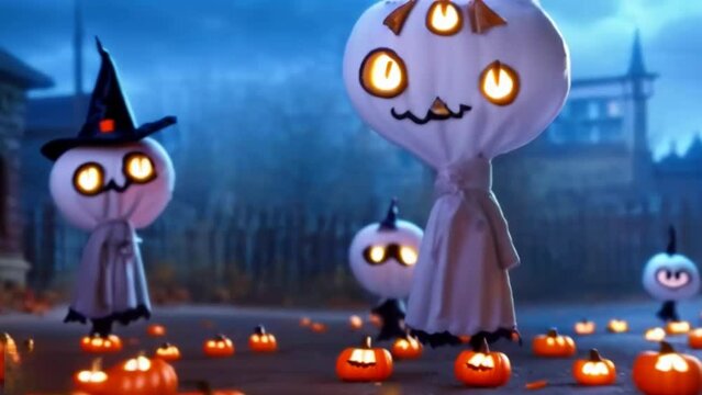 Close-up effect on four monsters around them small glowing pumpkins in the background haunted castle, a Halloween illustrated animated spooky short movie.