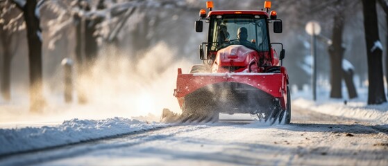 snowblower attachment being used on a tractor to clear a long driveway buried in snow - obrazy, fototapety, plakaty