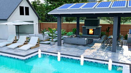 3D modeling and rendering of swimming pool design.