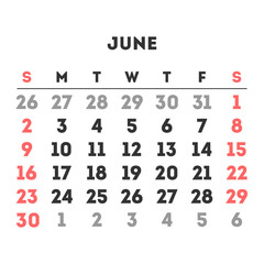 June 2024 month calendar. Vector illustration.
