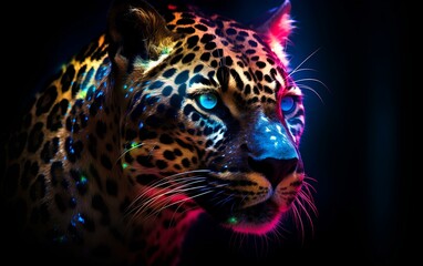 A beautiful spotted leopard illuminated by rainbow light.