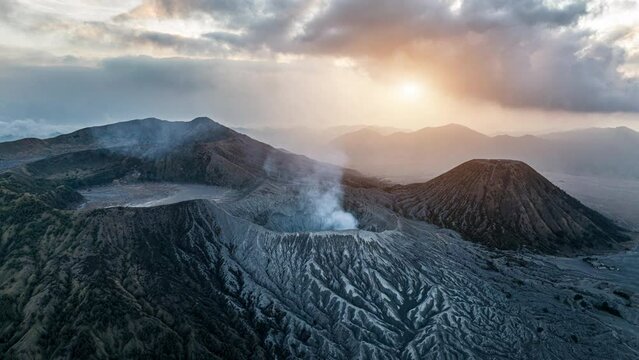Aerial view of beautiful view in the morning, sea of mist at Mount Bromo. Located in Bromo, Tengger, Semeru National Park, East Java, Indonesia.	