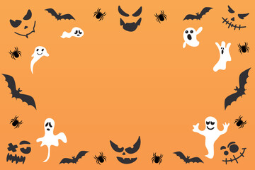 Festive background. Happy Halloween banner. Illustration with bats, ghosts and spiders. Vector illustration