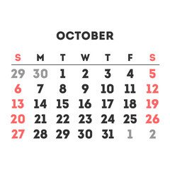 October 2024 month calendar. Vector illustration.