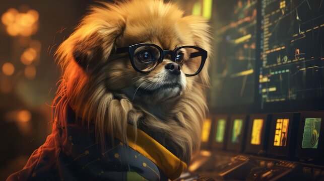 Dog Pekingese developer. Pekingese Dog programmer. Horizontal banking poster background for advertisement. Photo AI Generated