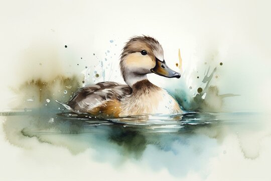 Adorable duck depicted in a lake using watercolor technique. Generative AI