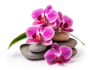 Spa composition of gray sea pebbles and pink orchid. Generated by AI.