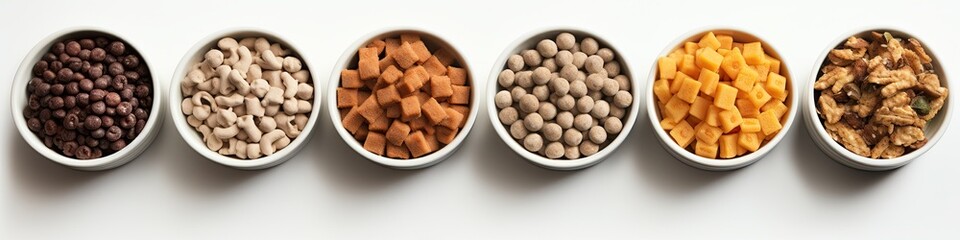 Bowls of pet food on a white background. Generated by AI.