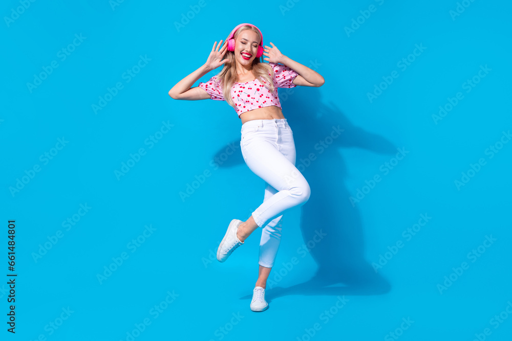 Sticker full body photo of pretty young girl enjoy listen music dressed stylish pink cherry print outfit iso