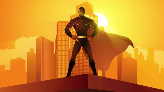 Iconic urban defender, Superhero silhouette against cityscape backdrop. Vigilance, power, and heroism captured in one striking motion graphics