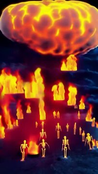 Big flames of lava fire and human skeletons distance effect, a Halloween illustrated animated spooky short movie.