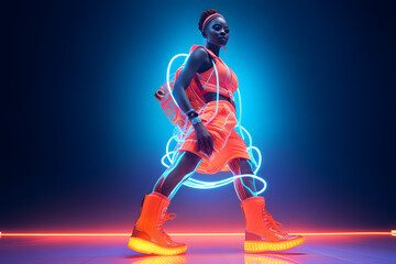 African woman in neon costume and neon shoes, in the style of futuristic pop, luminous color palette
