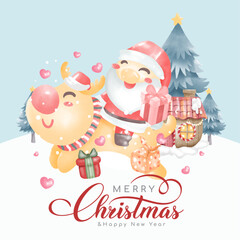 Merry christmas and happy new year. watercolor design template