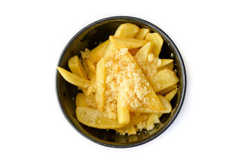 Top view Potato fries on black plate isolated on white background.
