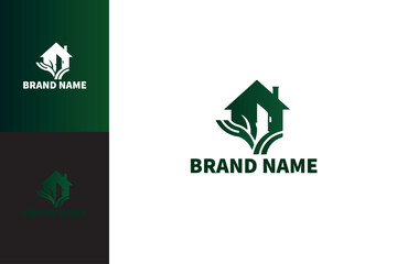Logo maison et branche, vert. Logo sur fond blanc, couleur et noir. Vecteur, illustration pour logotype. Société, entreprise, marque.	