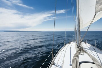 Sailing yacht in open Baltic Sea on clear day, view from deck to bow, mast, and sails. Estonia. Generative AI - obrazy, fototapety, plakaty