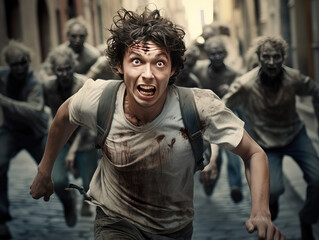 Young Man Chased by Zombies in the Street Horror Fear