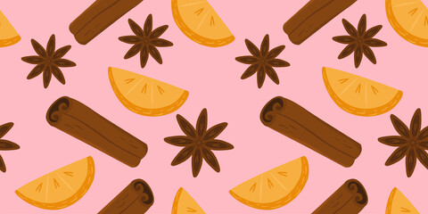 Spicy ingredients pattern. Cinnamon sticks, lemon, cardamon 