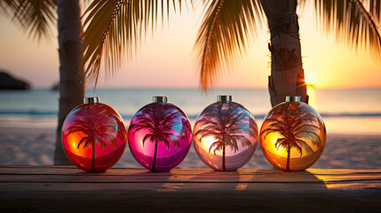 Christmas tree decorations on tropical beach at sunset. Holiday and celebration concept. Palm tree and Colorful Christmas ornaments on the beach with palm trees at sunset