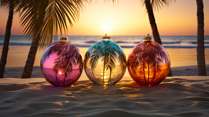 Christmas tree decorations on tropical beach at sunset. Holiday and celebration concept. Palm tree and Colorful Christmas ornaments on the beach with palm trees at sunset - obrazy, fototapety, plakaty