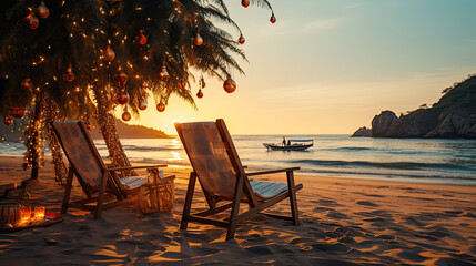 Sunny beach with Christmas decorations. Holidays in a warm country in winter. Vacation and travel concept for the New Year.